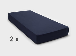 It-Fits Navy Blue adjustable bed fitted sheets, perfectly fitted on a split queen mattress with a stay-on-bed guarantee and deep pockets.
