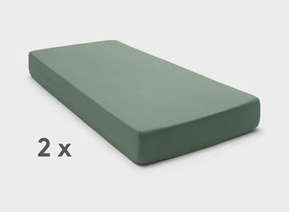 It-Fits fitted sheets for adjustable beds in Sage green, 100% Australian cotton, on a split queen mattress with deep pockets against a plain background.
