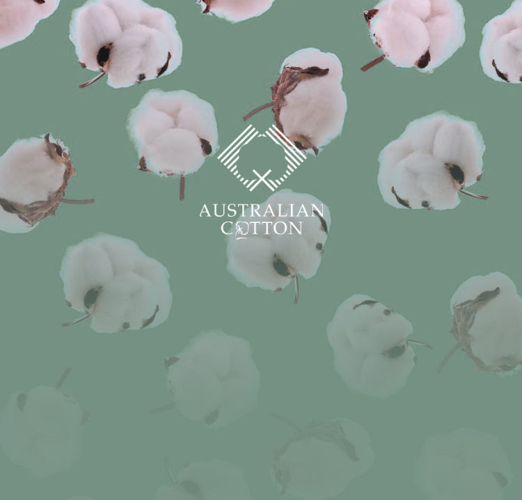 White Australian Cotton Logo displayed on a sage background and cotton balls allover visually displaying the material used for It-fits jersey sheets