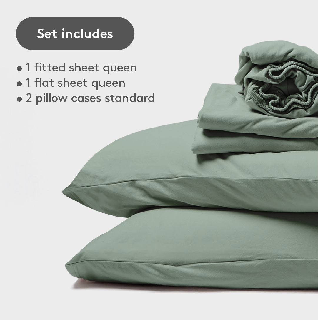 It-Fits® split queen jersey sheet set in Sage, stacked—includes two fitted sheets, flat sheet, and pillowcases in soft, stretchy cotton jersey
