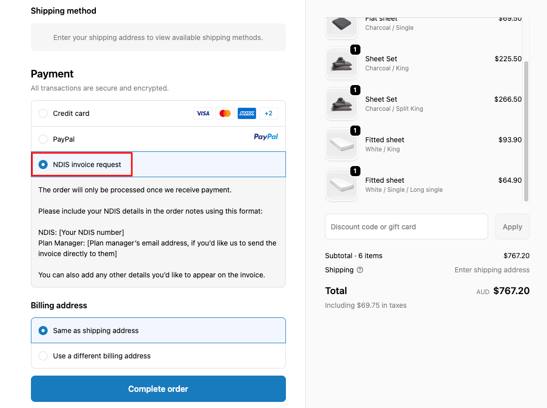 NDIS Jersey Sheet Payment Method