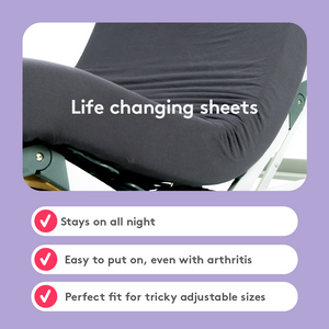 Jersey fitted sheet staying in place on an adjustable bed, designed for a secure fit all night, easy to use even with arthritis.