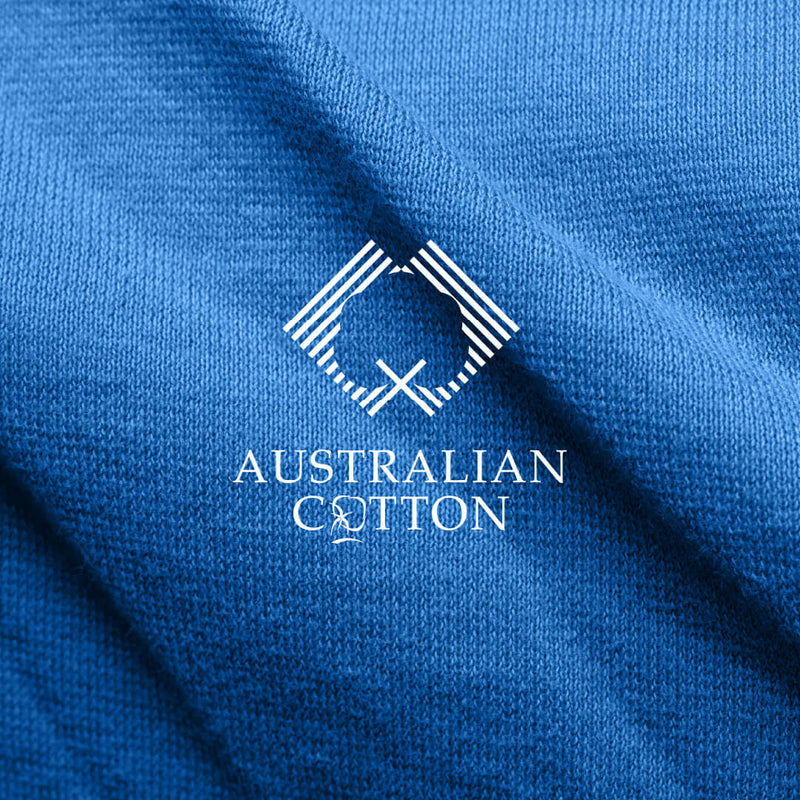 Close-up of It-Fits® jersey fabric texture showing the soft knit structure, with Australian Cotton certification logo