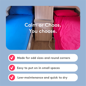 Comparison of stretchy fitted sheet and loose woven sheet on caravan beds, showing a perfect fit on the left and poor fit on the right