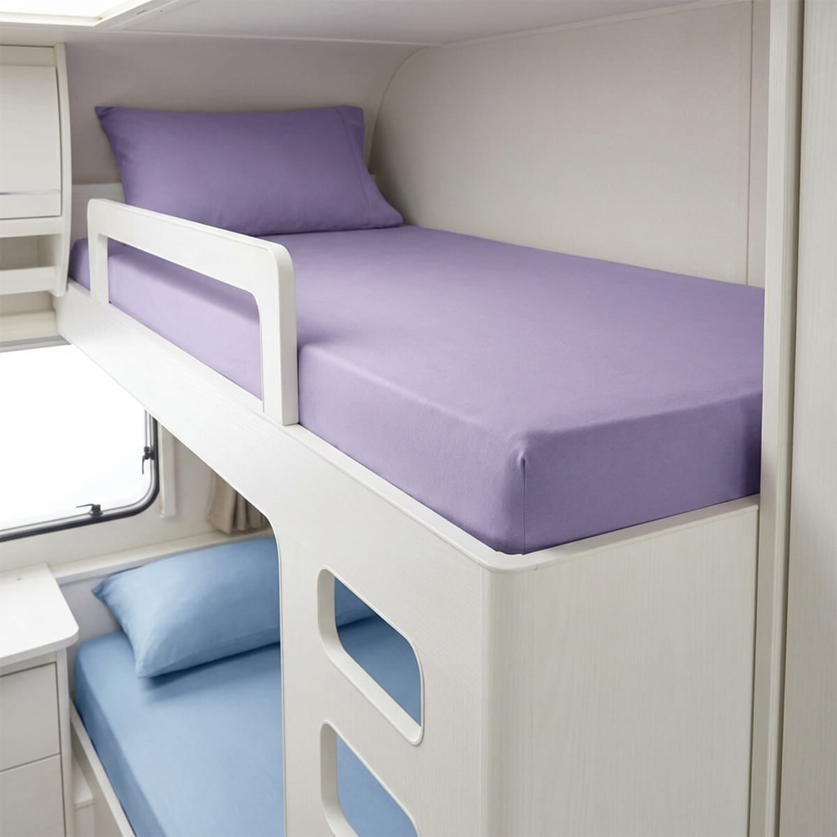 Fitted sheet on caravan bunk bed with snug stretch fit, ideal for tight spaces and non-standard mattress sizes