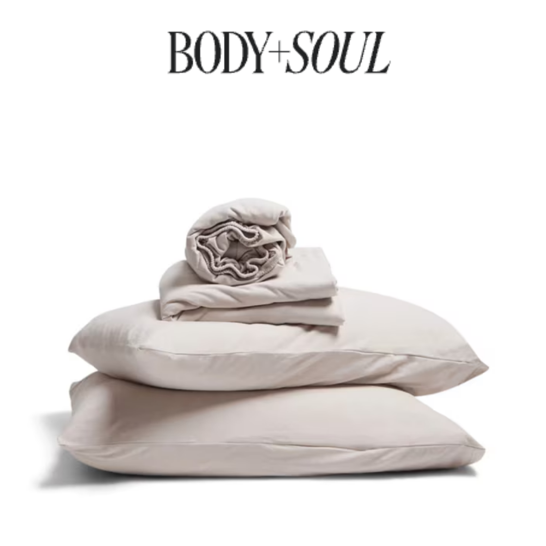 It-Fits jersey sheets in Dune featured in Body+Soul as best bed sheets